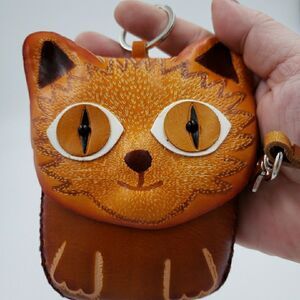 Cute Kawaii Cat Leather Wristlet Wallet Handmade Gift Card Holder Zip Coin Purse